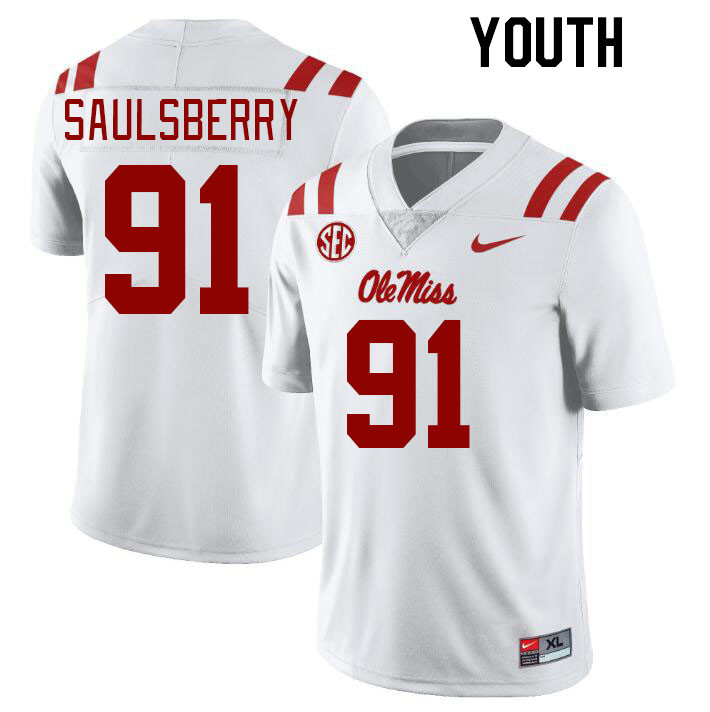 Youth #91 Myles Saulsberry Ole Miss Rebels College Football Jerseyes Stitched Sale-White - Click Image to Close